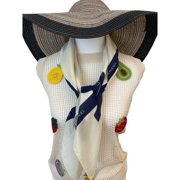 CHANEL Silk Cream Scarf with Navy Blue Ribbon Print EUC - Picture 6 of 6